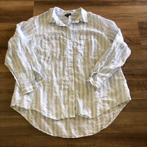 Like New Lord & Taylor Linen Ticking Striped Button Down Shirt 3X